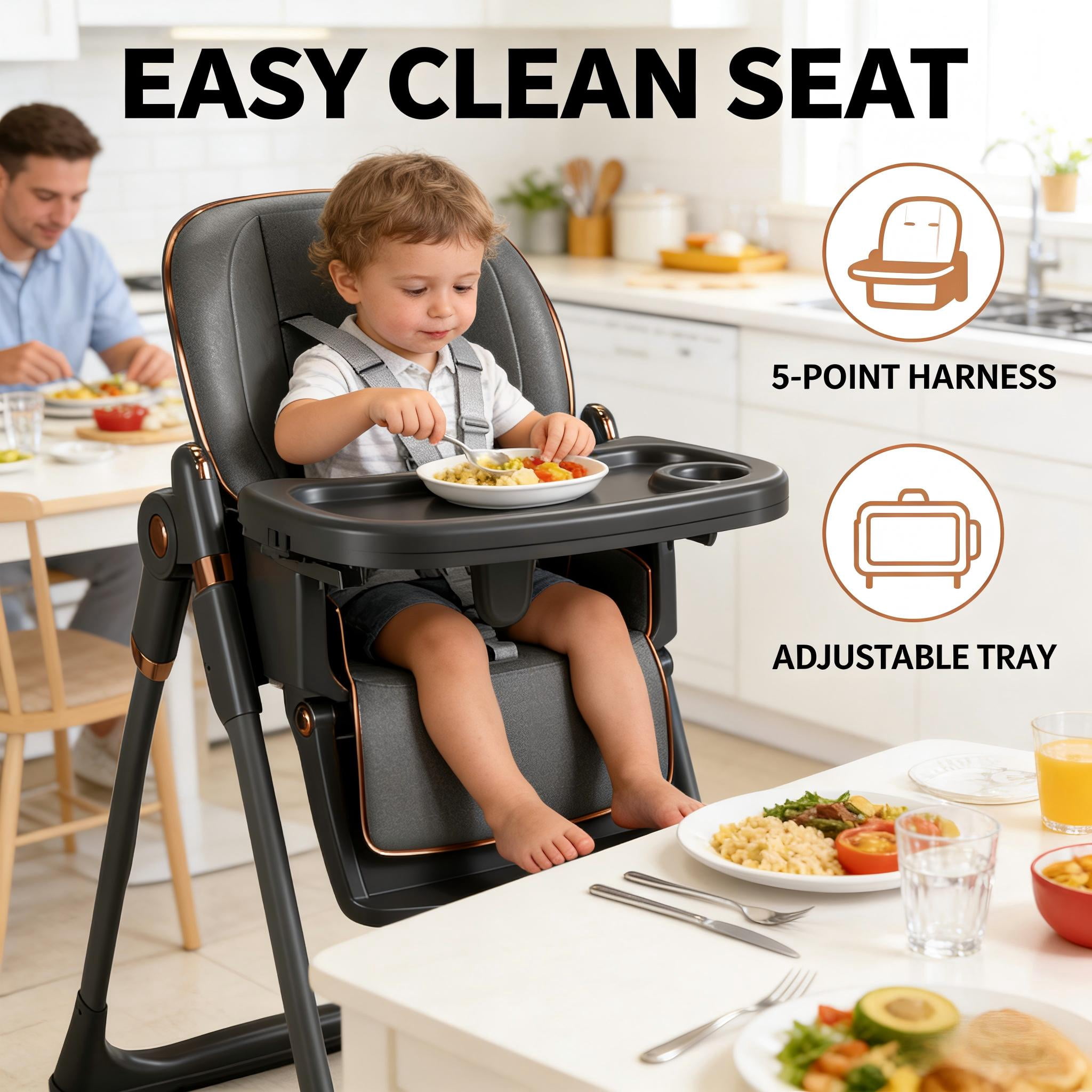 Cochildor Foldable High Chair for Babies & Toddlers, with 5 Point Harness, Tray, Foot Rest and Wheels, Gray