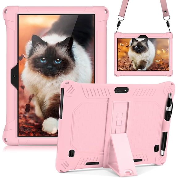 10.1 Inch Tablet Case with Stand, Stylus Pen and Shoulder Strap, Soft Silicone Protective Cover for Select 10-10.1 Inch Tablets, Light Pink