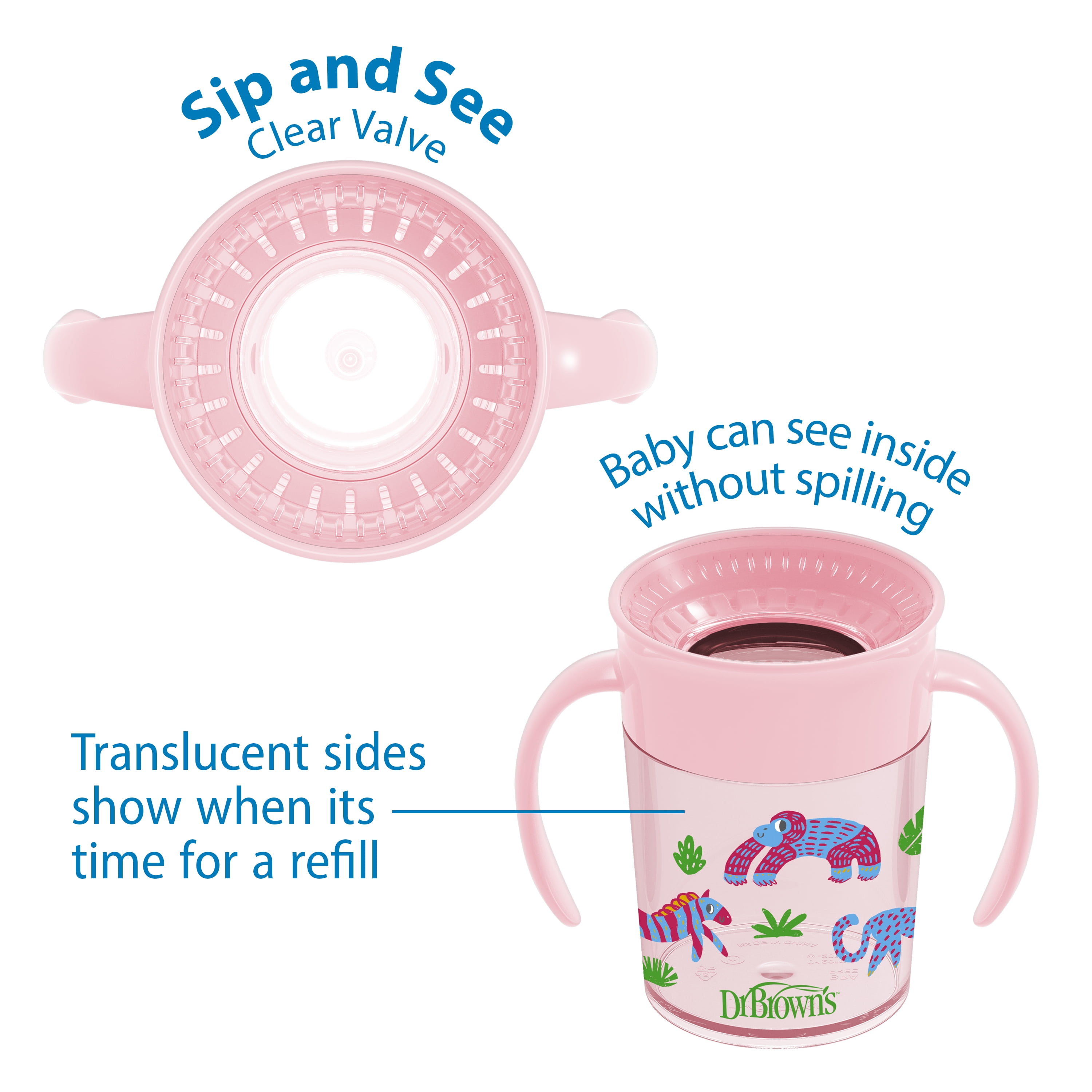 Dr. Brown's Milestones Cheers 360 Training Sippy Cups with Handles for Babies and Toddlers - Pink Animals - 7oz - 6m+
