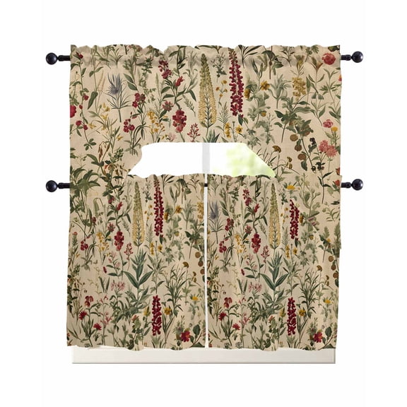 Rustic Botanical Swag Curtains for Living Room/Bedroom Windows, Vintage Floral Wildflower Kitchen Curtains and Valances Set 36 Inch Length, Light Filtering Swags Valance Curtain Panels
