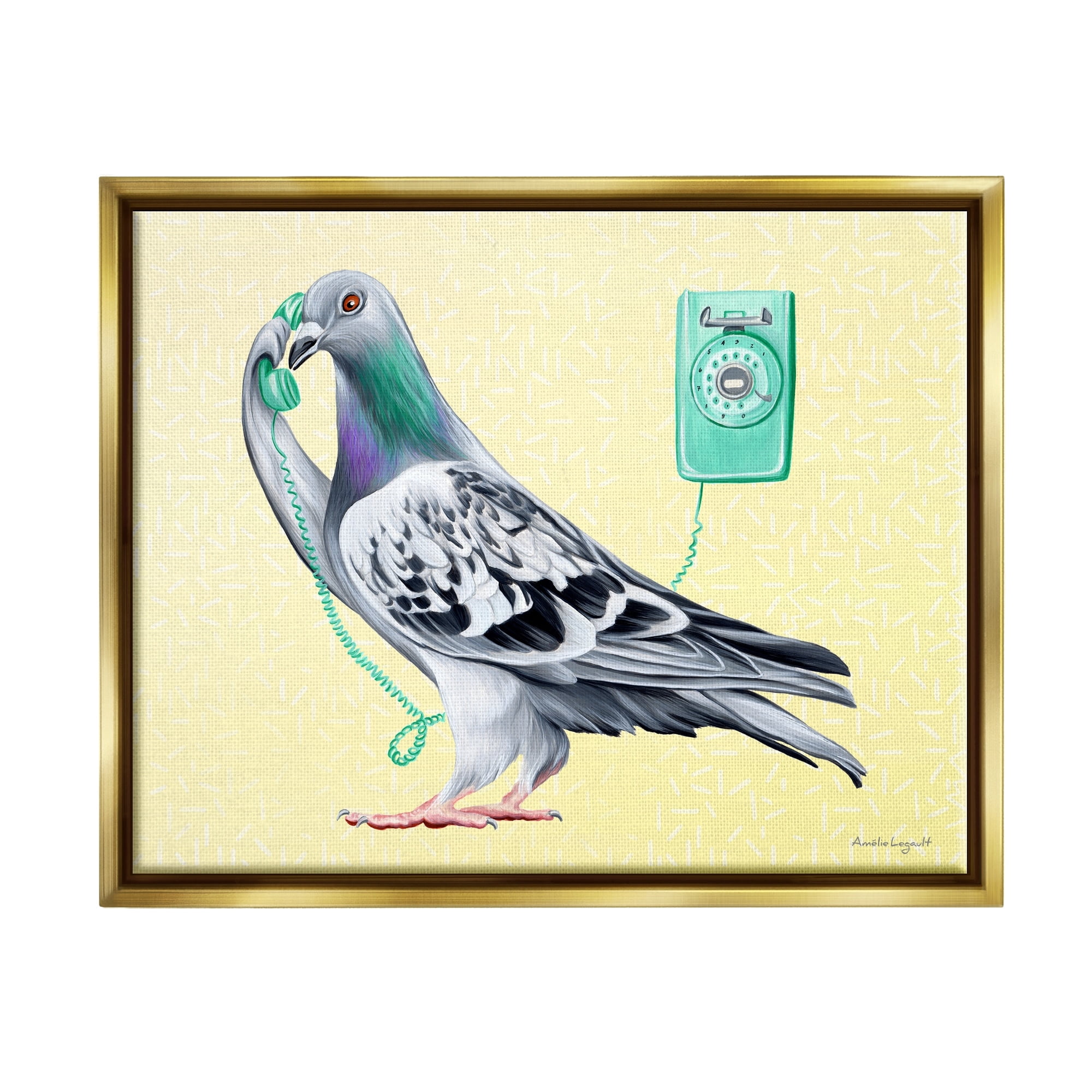 Stupell Industries Pastel Pigeon Vintage Phone Call Yellow Background Graphic Art Metallic Gold Floating Framed Canvas Print Wall Art, Design by Amelie Legault