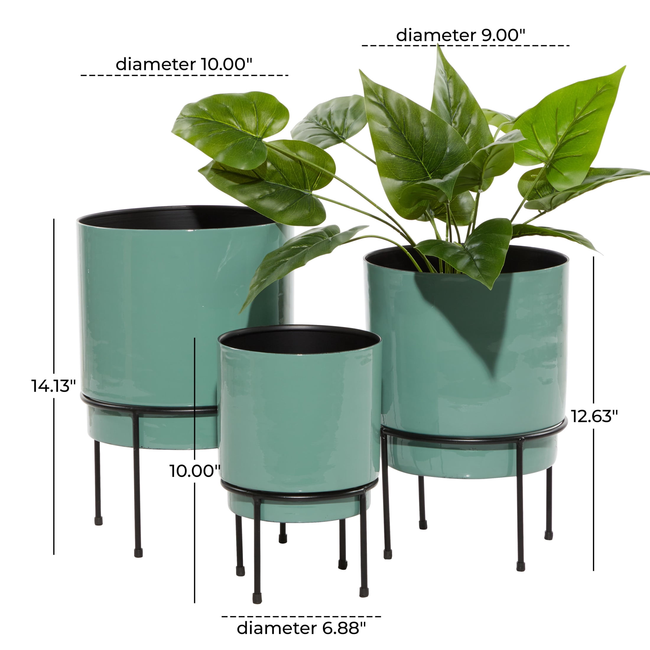 DecMode 10", 13", 14"H Teal Metal Planter with Removable Black Stand (3 Count)