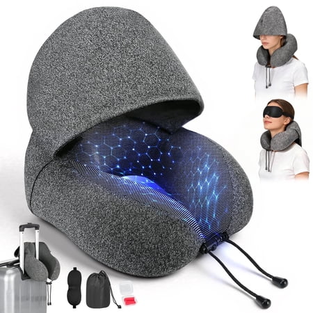 Doulami Travel Pillow with Extra Large Hood for Airplane Long Flights Privacy and Comfort Memory Foam with Skin-Friendly Cover for Road Trip Head&Neck Support for Plane Office Cars Sleeping&Rest,Grey