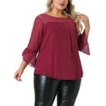 thumbnail image 4 of Agnes Orinda Women's Plus Size Sparkly Tops Glitter Sheer Crew Neck Ruffle 3/4 Sleeve Double Layered Pleated Blouses Tunic Top 1X Red, 4 of 6