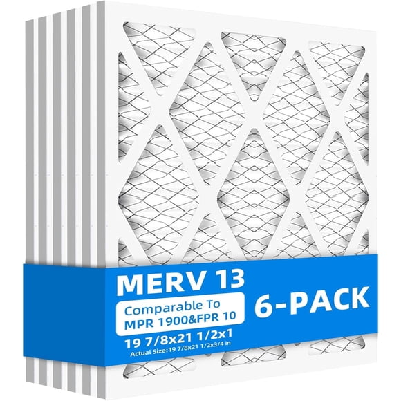 (6- Pack) 19 7/8x21 1/2x1 Furnace Air Filters, MPR 1900 & FPR 10, MERV 13 Pleated Air Filter (Actual Size: 19 7/8"x21 1/2"x3/4")