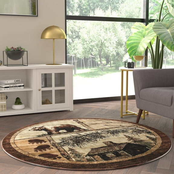 Emma Oliver Rustic 6x6 Round Beige Plush Olefin Accent Rug with Bear, Moose and Cabin Motif and Natural Jute Backing