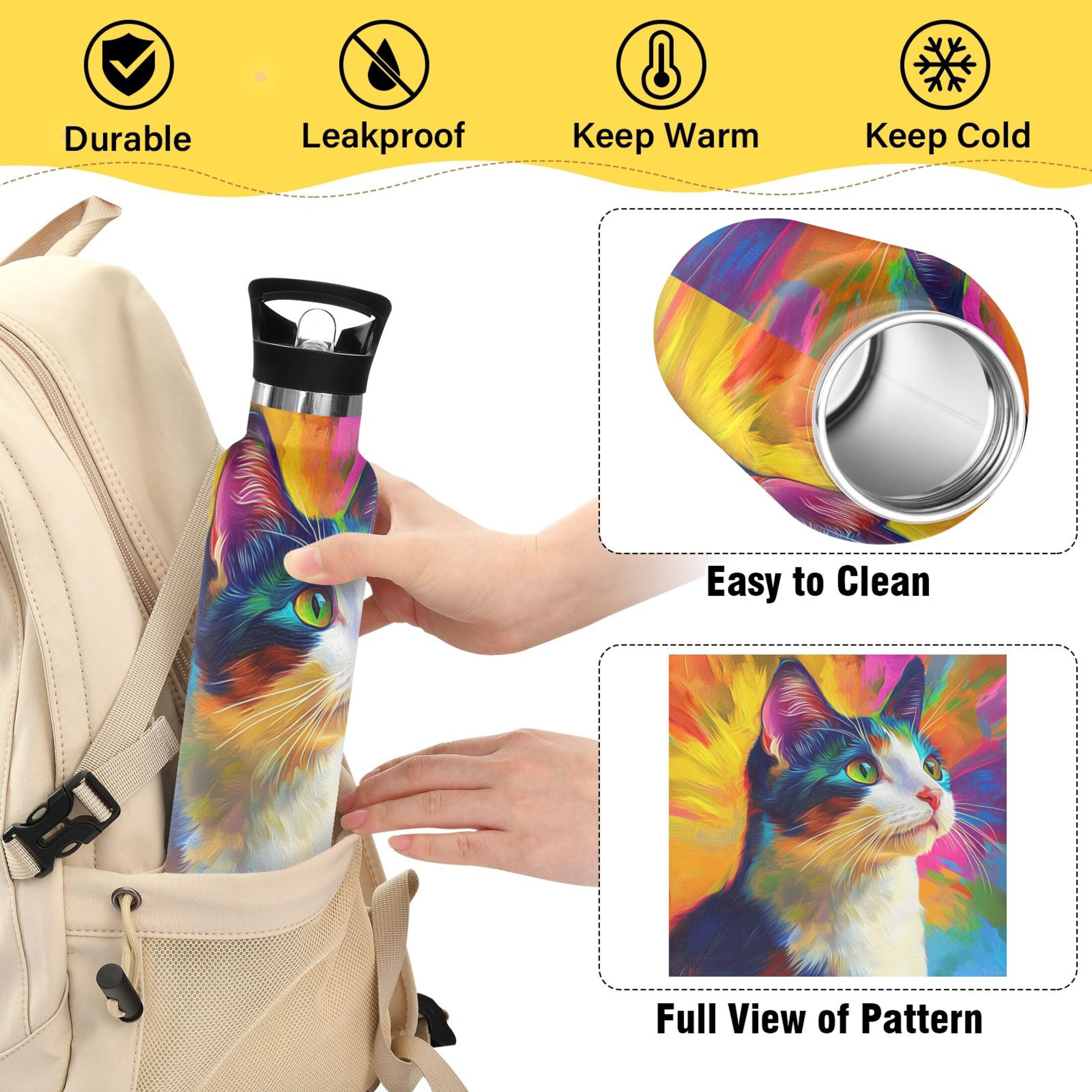 600ML Stainless Steel Insulated Cup Sports Water Bottle Portable Thermos Cup Water Glasses Insulated Tumblers Convenient and Durable Colorful Cat