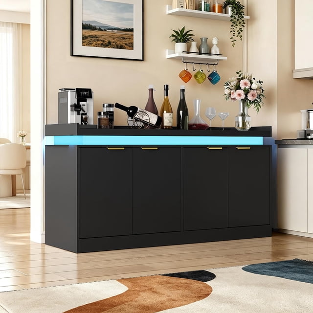 Armario de Cocina, Gabinete de Almacenamiento para Cocina con Luz LED y Toma de Corriente, 4 Puertas