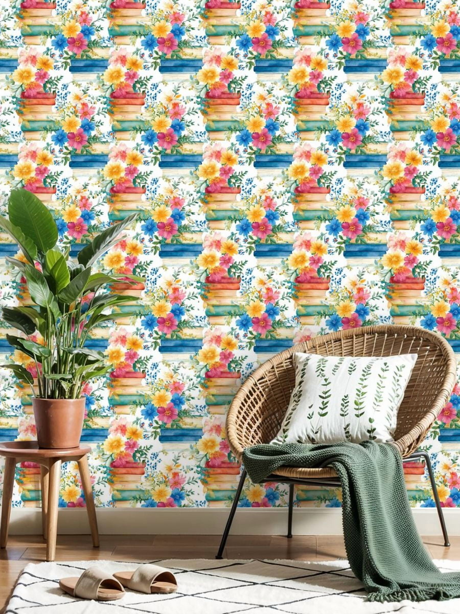 Peel and Stick Wallpaper Watercolor Floral Arrangement Colorful Books Blossoms Wall Mural 17.7in x 9.8ft Self Adhesive Removable Wall Paper Renter Friendly Wallpaper for Nursery Bedroom Classroom