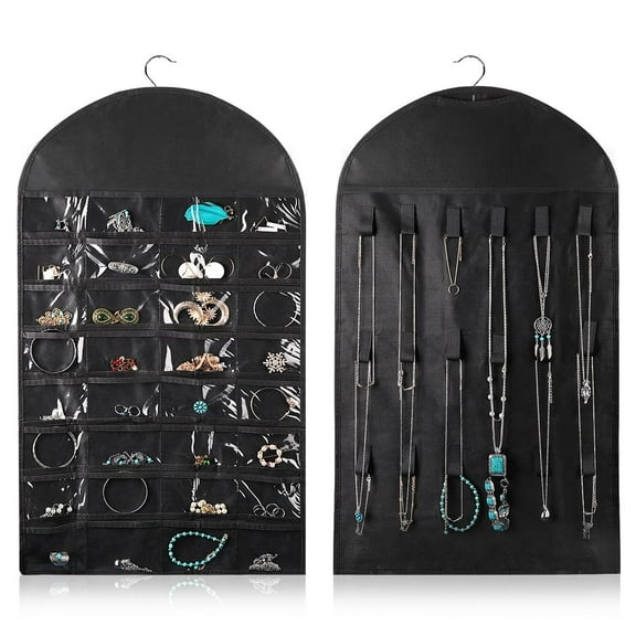 Hanging Jewelry Organizer – (1 Pack) Black 32 Clear Pockets & 18 Hooks & Loops, Non-Woven Bag Dual Side Earring Storage Display Holder with for Necklace Bracelet Sunglasses