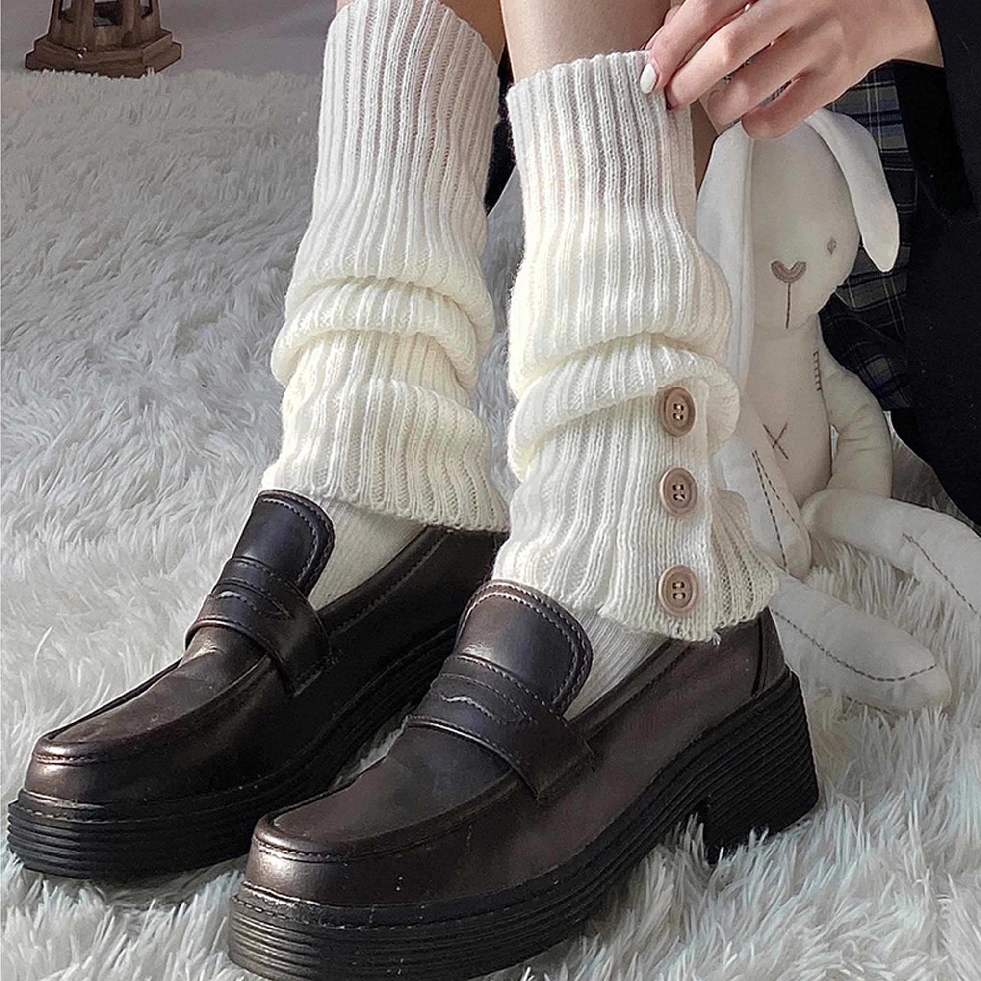 Y2K Women Leg Warmers Solid/Striped Contrast Color Knitted Boot Cuffs  Buttons Socks Winter Autumn Streetwear 