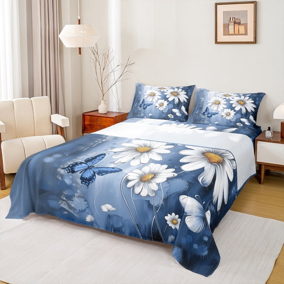 Homewish Cute Cartoon Daisy Twin Sheet Sets,Rustic Flower Butterfly Twin Fitted Sheet,Blue White 03 For Girls Kids,Microfiber Bedroom Decor,3pcs