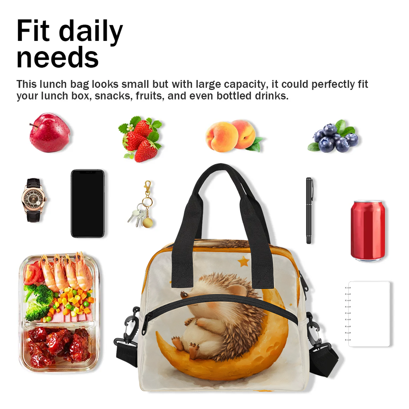 Herdesigns Hedgehog Lunch Bag for Women Men Adult, Cute Large Insulated Reusable Lunch Box Leakproof Portable Cooler Tote Bags for Work Picnic Beach