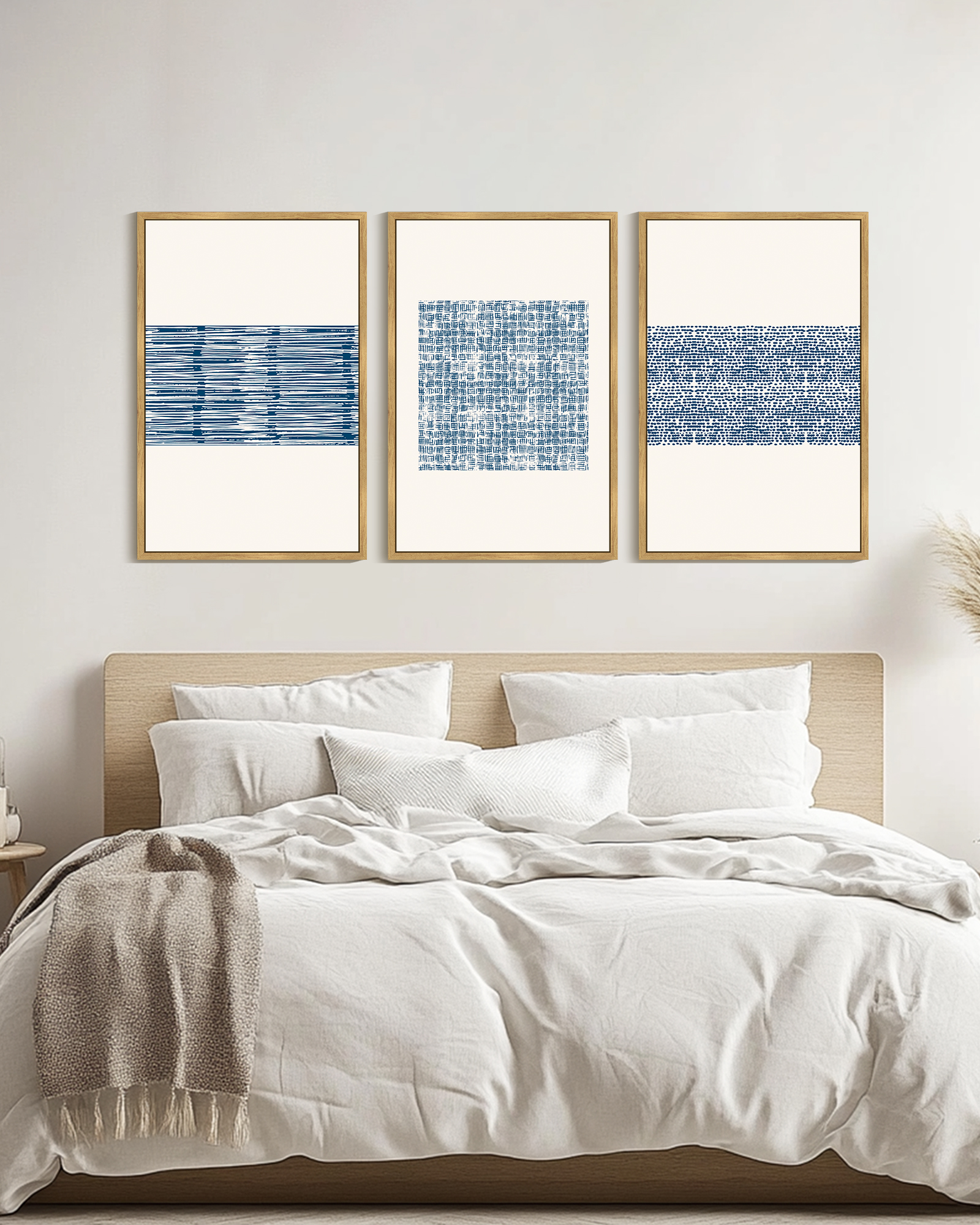 SHENIFY Large 24x36in3pcs Natural Framed Abstract Boho Art Framed Wood Blue White Grunge Geometric Wall Decor Minimalist Bohemian Bedroom Decor Canvas Prints