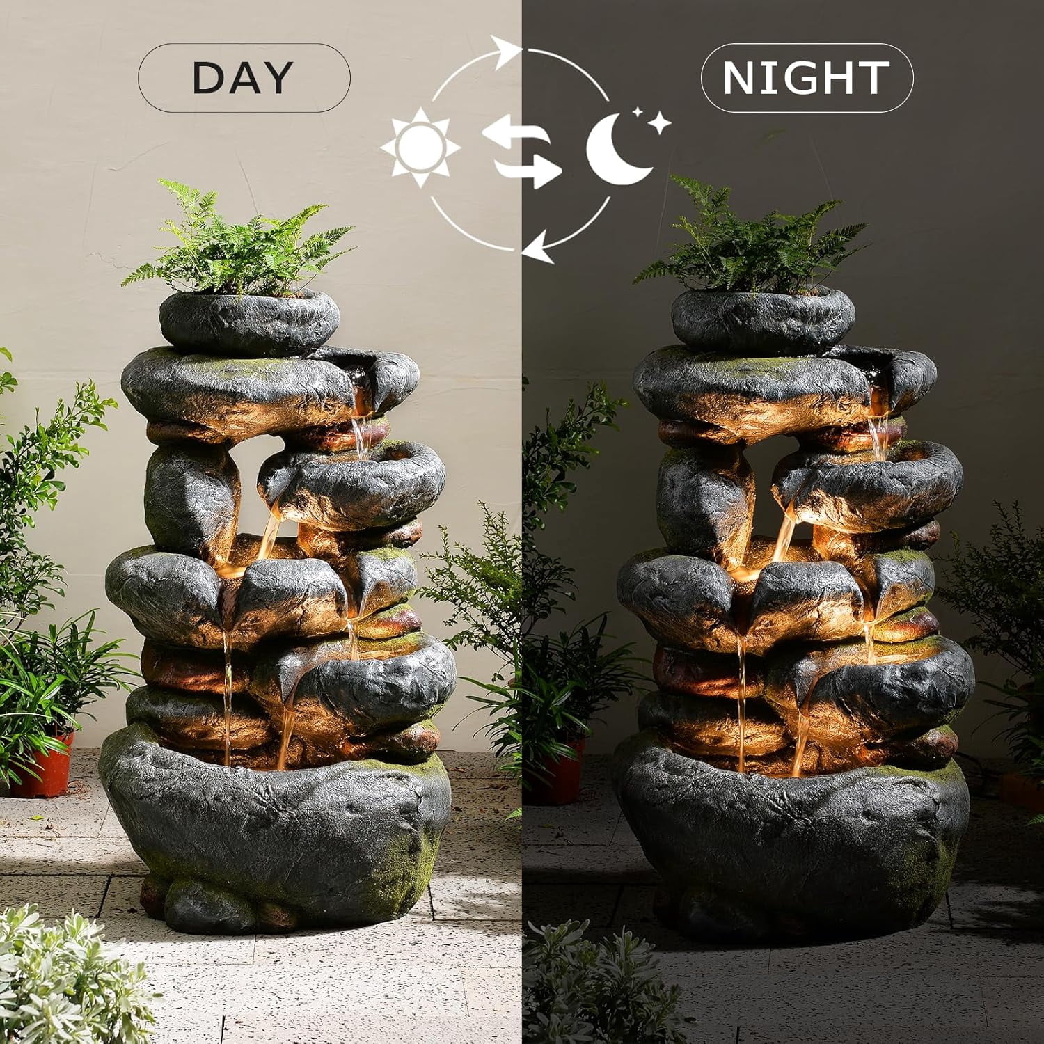 5-Tier Cascading Rock Water Fountain Outdoor, 29.5''Tall Outside Fountains and Waterfalls with Lights for Garden, Patio, Yard, Deck Home Decor with Natural Stone Look