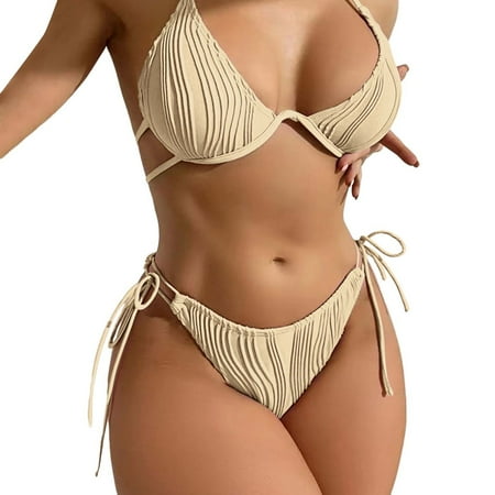 Spentoper Swim Halter Triangle Tie Side Bikini Swimsuit Beige M
