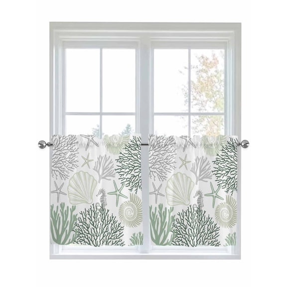 Sage Green Grey Coastal Half Window Curtain 36 Inches Long, Summer Beach Coral Shell Ocean Window Treatment Curtain Drapes, Small Tier Curtains for Bathroom Over Sink, 27.5"x36", 2 Panels