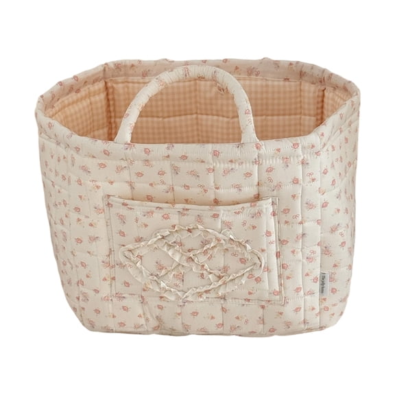 Storage Basket, Large Capacity Portable Rose Pattern, 1 Piece Sweet Aesthetic for Teen Girls, Quilted Fabric Handheld Storage Bin for Bedroom Closet Toys Cosmetics Daily Organizing