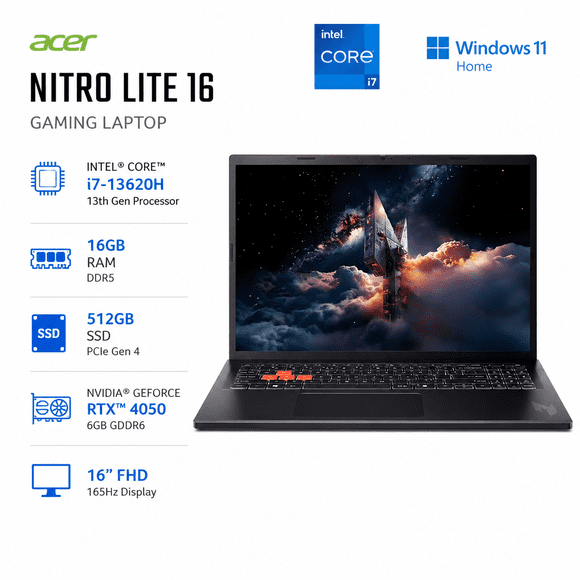 Acer Nitro Lite 16 Gaming Laptop | Intel Core i7-13620H / 16GB RAM / 512GB SSD / RTX 4050 6GB / 165Hz / Windows 11 Home/ Bi-Lingual Keyboard(Renewed)