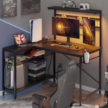 Bestier 42 inch Desk,Gaming Desk with LED Lights & Power Outlet, Reversible Office desk,L Shaped Desk with Hutch & Storage Shelves, Carbon Fiber