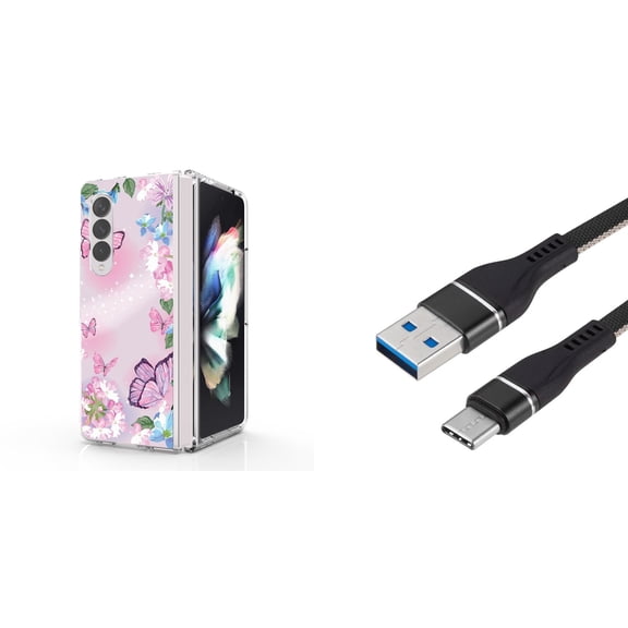 Accessory Bundle for Galaxy Z Fold 4: Slim Snap-On Case (Pink Butterfly Floral), Nylon Braided USB-C to USB-A Cable (3 Feet)