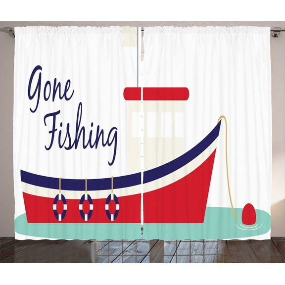 Ambesonne Fishing Theme Curtains 2 Panel Set, Cartoon Fishing Boat, 108" x 63", Dark Pink and Seafoam