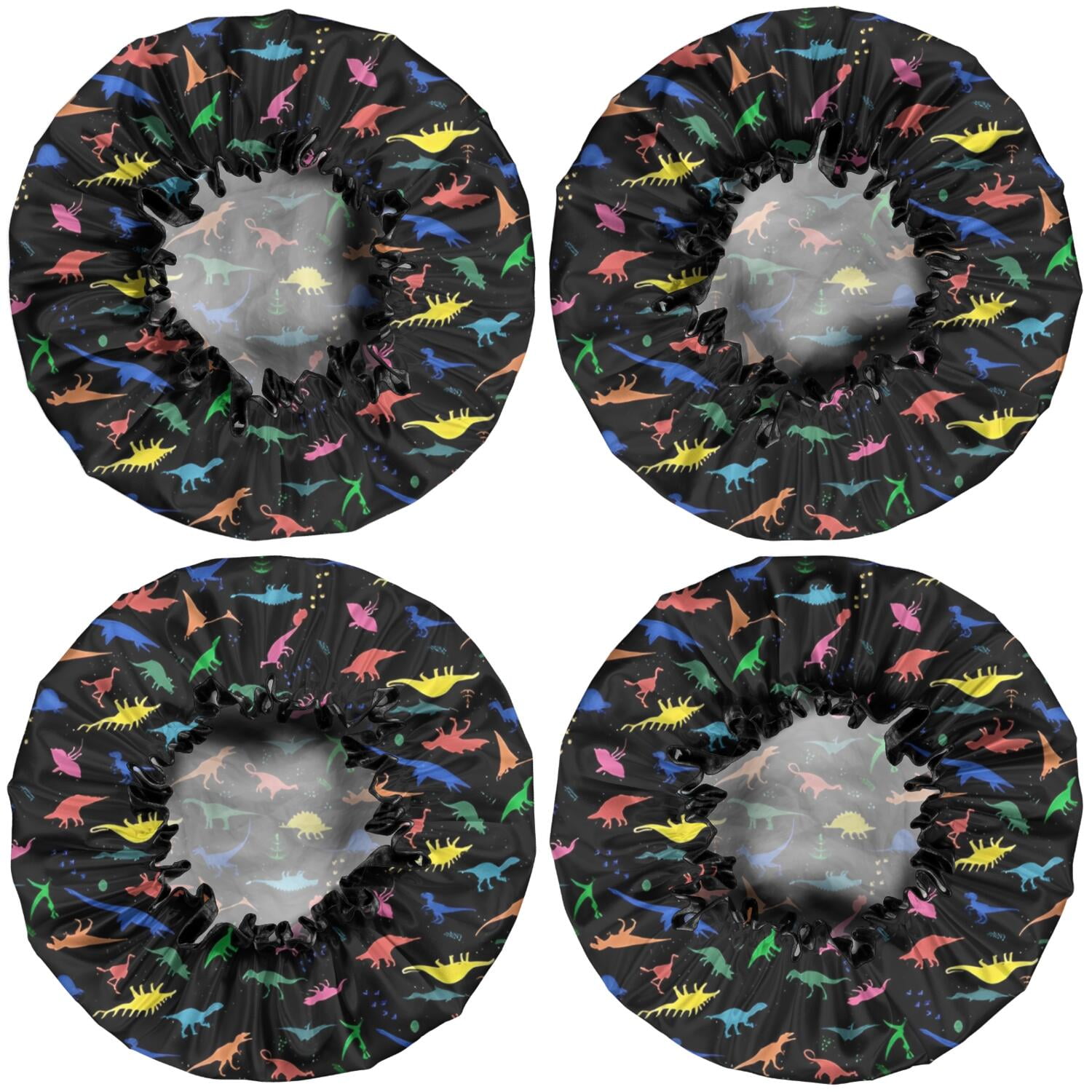 Shower Caps,Colorful Dinosaurs Silhouettes Pattern Waterproof Shower Cap for Women 4 Pieces,Double Reusable Hair Cover for Shower PEVA Elastic Stretch Hem