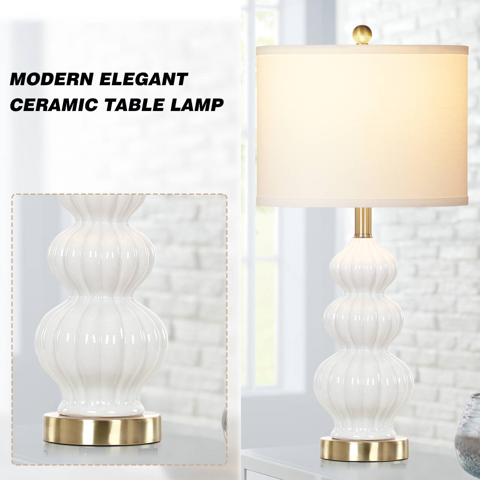 Cinkeda Triple Gourd Ceramic Table Lamps Set of 2 with USB A+C Ports AC Outlet for Bedroom Living Room Modern 3 Way Rotary Switch Control White Bedside Nightstand Lamp