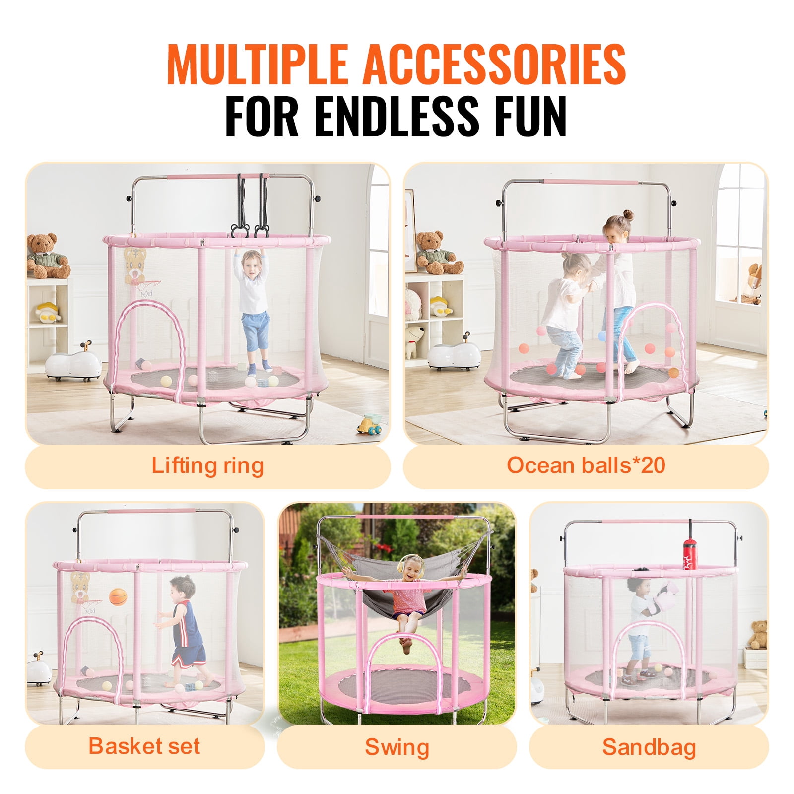 KFFKFF 55" Children's Trampoline, 4.6FT for Indoor and Outdoor Use, Petite Trampoline for Toddlers with Protective Netting and Basketball Hoop, Ideal Birthday and Christmas Presents for Kids Aged 3