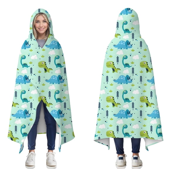 Wearable Blanket,LightGreen Dinosaurs Clouds Trees Pattern Hooded Wearable Flannel Blanket for Adults & Teens,Winter Poncho Shawl Wrap Cape Cozy Anti-Pill,50"x60"