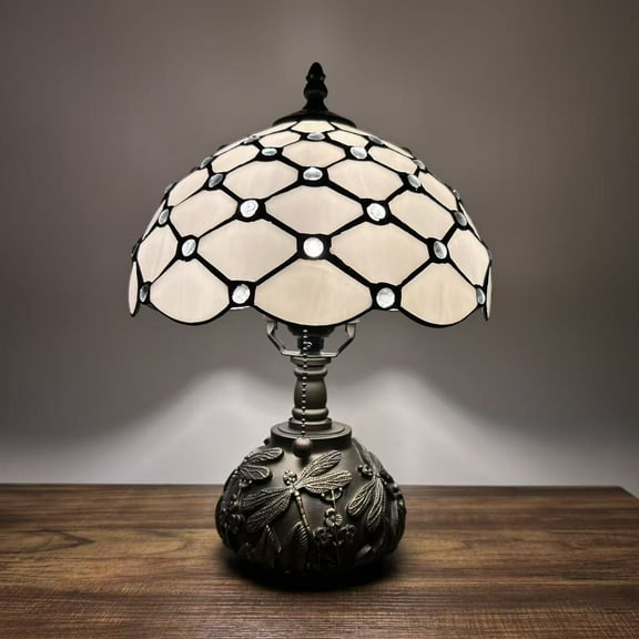 Tiffany Table Lamp White Stained Glass LED Bulb Included Dragonfly Base 10"W*10"D*14"H