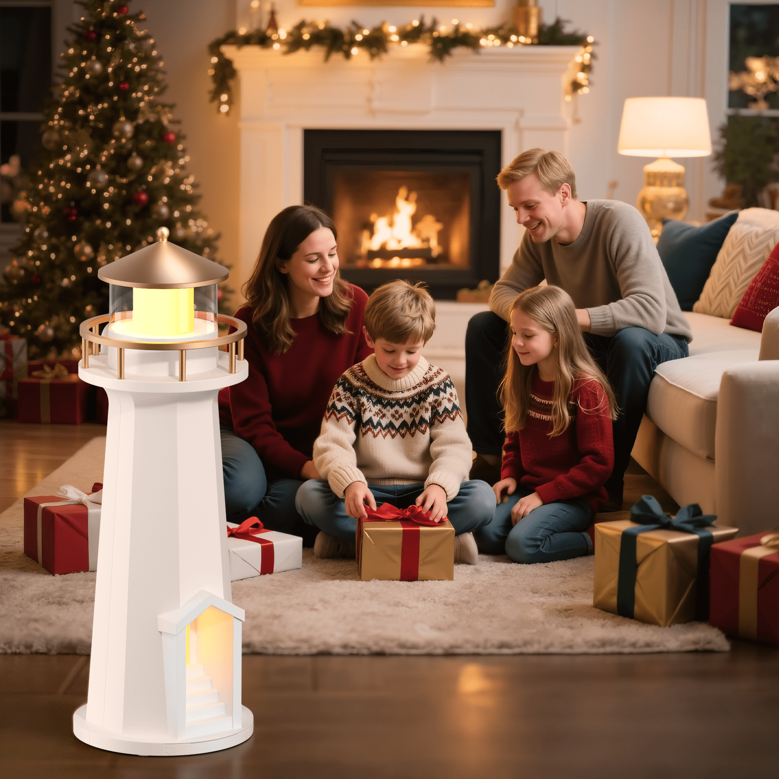 Wireless Charging Lighthouse Night Light | Bluetooth Speaker + Sleep Aid Light with Moon Projection Function, Bedroom Decorative Lighting Gift