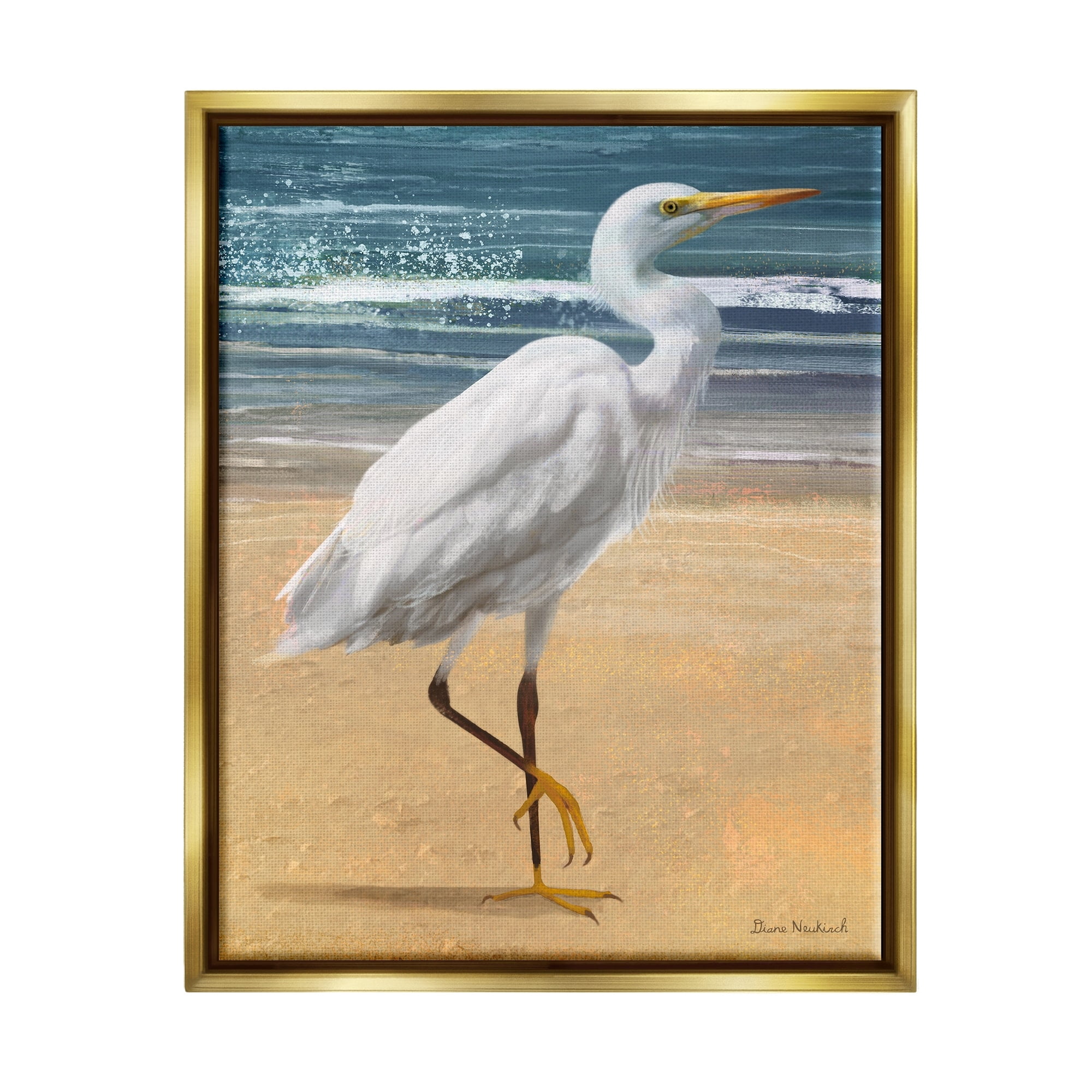 Stupell Industries White Heron Bird Standing Beach Shoreline Waves Painting Metallic Gold Floating Framed Canvas Print Wall Art, Design by Diane Neukirch