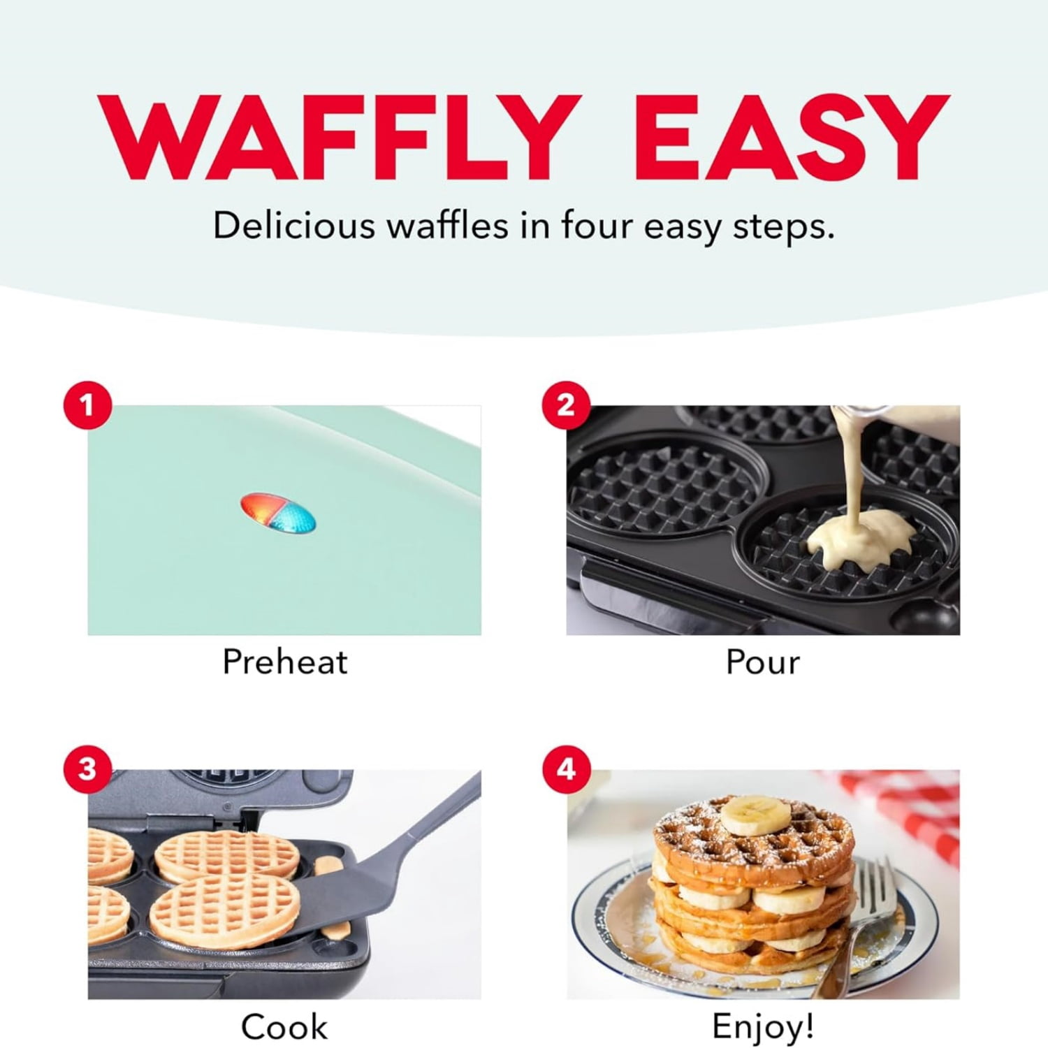 Multi Mini Waffle Maker - Makes Four Waffles at Once for Family Breakfasts - Dual Nonstick Heating Plates & Easy-Release Surface - Compact & Fast-Heating - Graphite