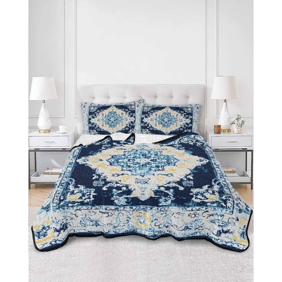 Quilts Queen Size, Vintage Ethnic Soft Comforter Bedding Set for Bed, Boho Tribes Modern Blue Middle Century Lightweight Quilted Bedspread with Pillow Cover(2 Pieces) for All Season, 90x96 Inch