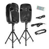 Active + Passive PA Speaker System Kit - Dual Loudspeaker Sound Package, 12" Subwoofers, BT Wireless Streaming, Includes (2) Speaker Stands, Wired Microphone, Remote Control, 1800 Watt