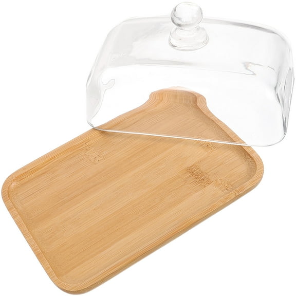 CHICHUMID 1Set Khaki Glass and Wood Cake Tray with Lid for Households