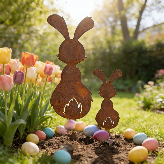 Sulaicai Set of 2 Rustic Metal Easter Bunny Garden Stakes - Weathered Brown Rabbit Silhouette Yard Decorations for Spring Outdoor Lawn, Patio & Easter Party