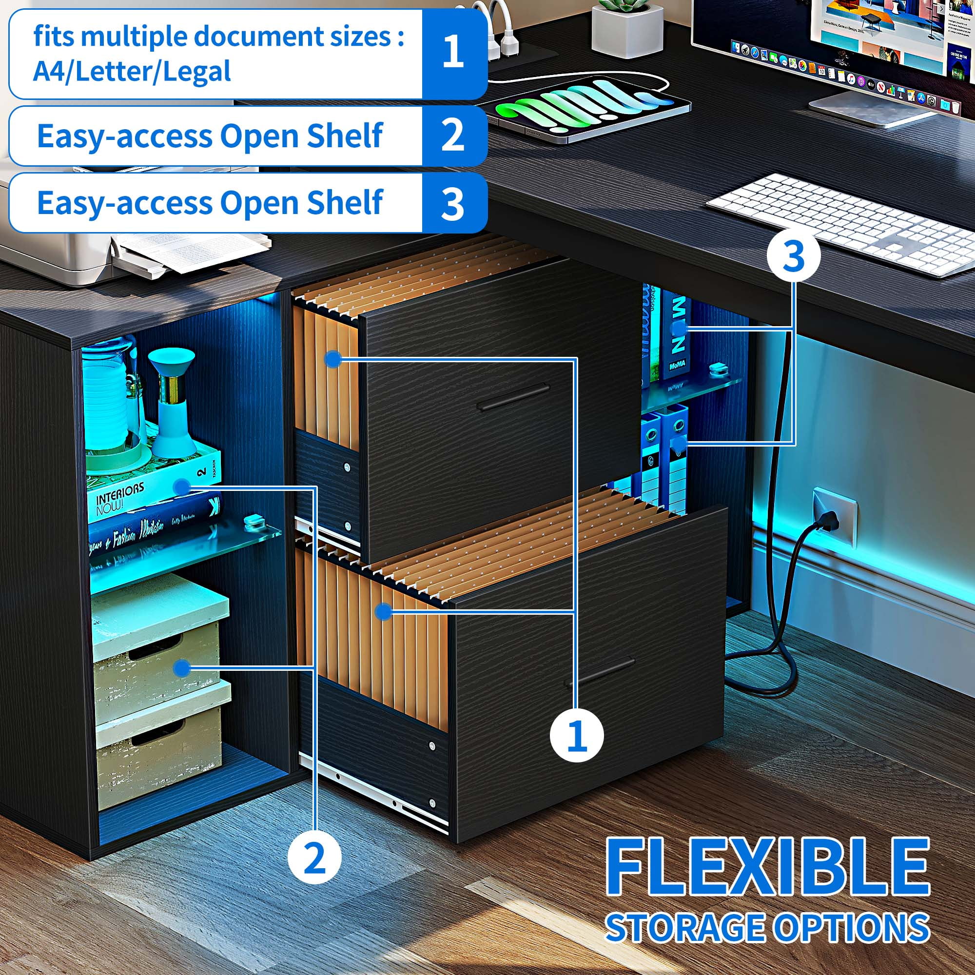 Dextrus L Shaped Desk with LED Light & Power Outlets, 55 inch Reversible Corner Desk with File Cabinet & Storage Shelves, Computer Desk Office Desk Writing Desk for Home Office, Black