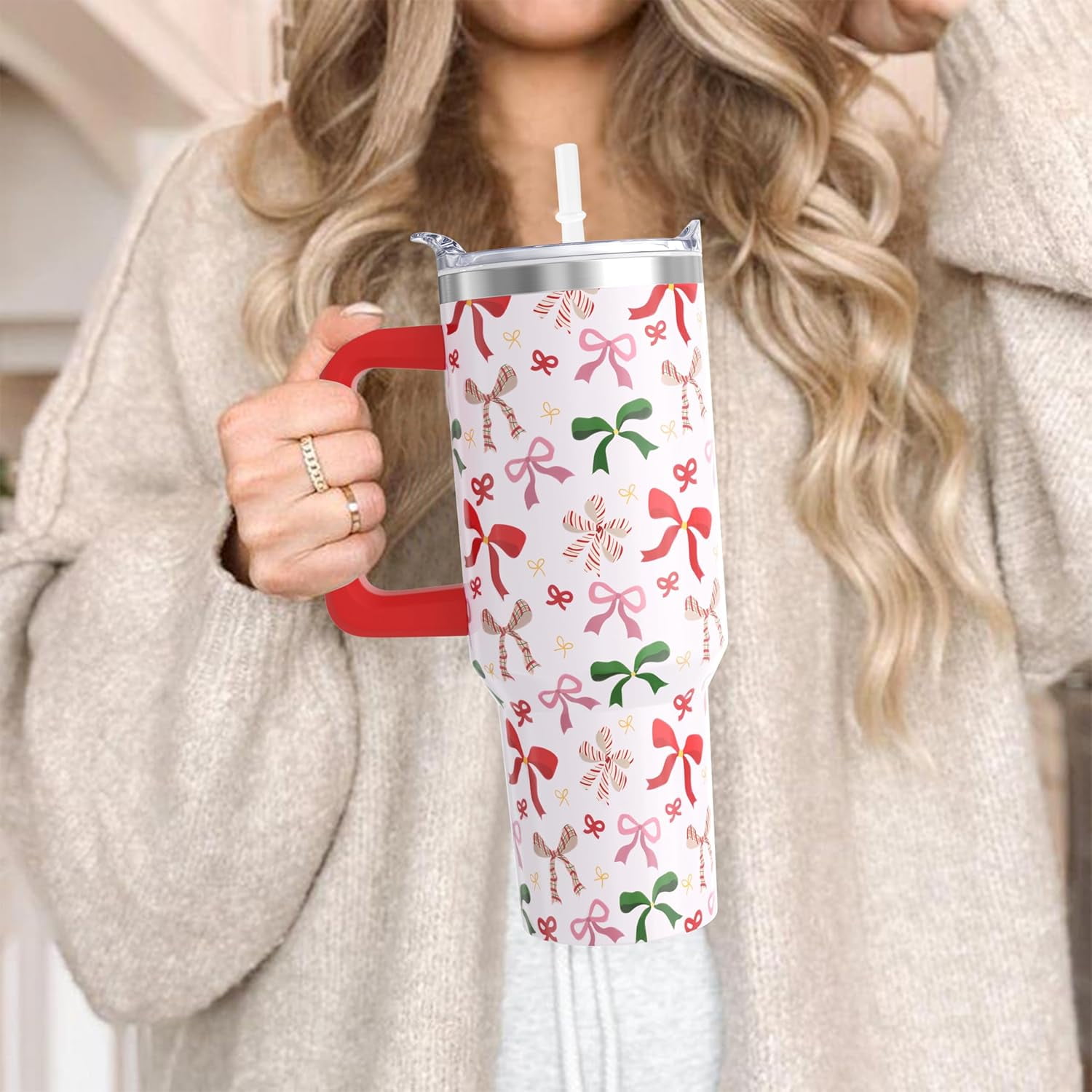 Christmas Tumbler, Cute Xmas Bow Tumbler with Handle and Straw, 40 oz Stainless Steel Insulated Water Bottle Christmas Birthday Winter Gifts for Women