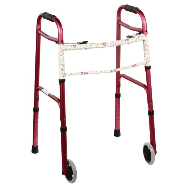 Adult Folding Walker 5 Inch Wheels Single Button Release Pink 1