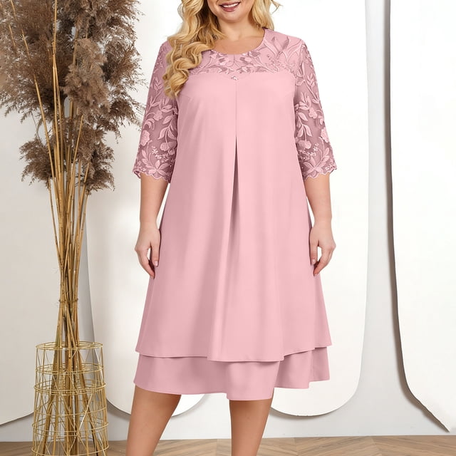 Uootdi Robes Grande Taille pour Femmes Col Rond Manches 3/4 Robes Brodées Élégantes Robes Midi Formelles Tenue de Fête Cadeau