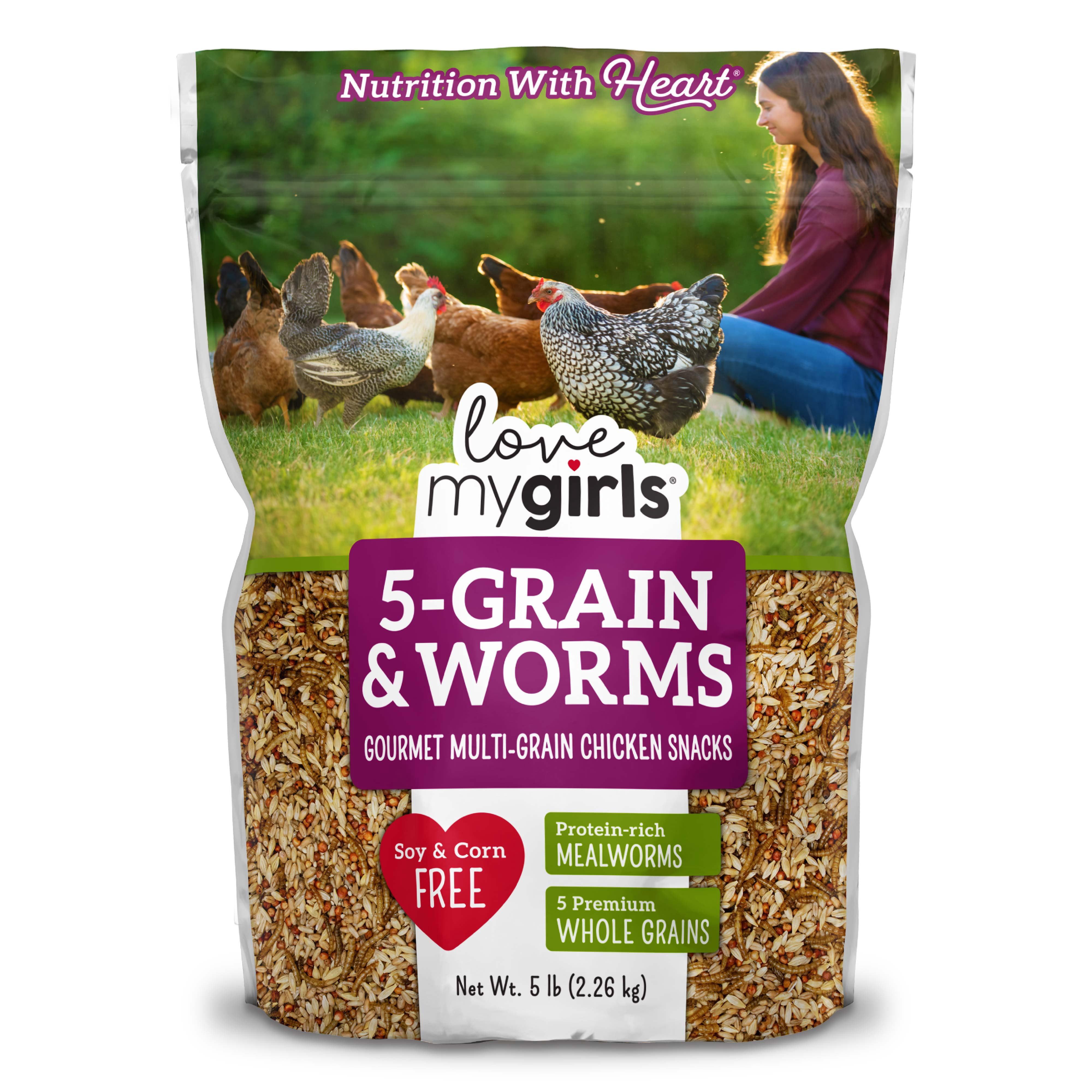 (4 pack) Love My Girls 5-Grain & Worms Gourmet Chicken Treats, 5 lb. Bag, 1-Pack