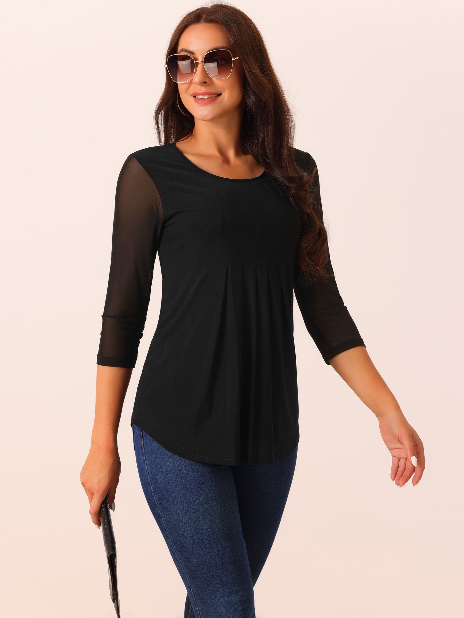 DARING DIVA Pleated Double Layers Mesh Blouse S Black