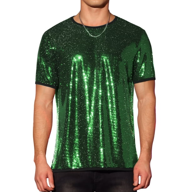 INSPIRE CHIC Camisetas de Hombre con Lentejuelas de Manga Corta Cuello Redondo para Fiesta Nocturna T-Shirts M Verde