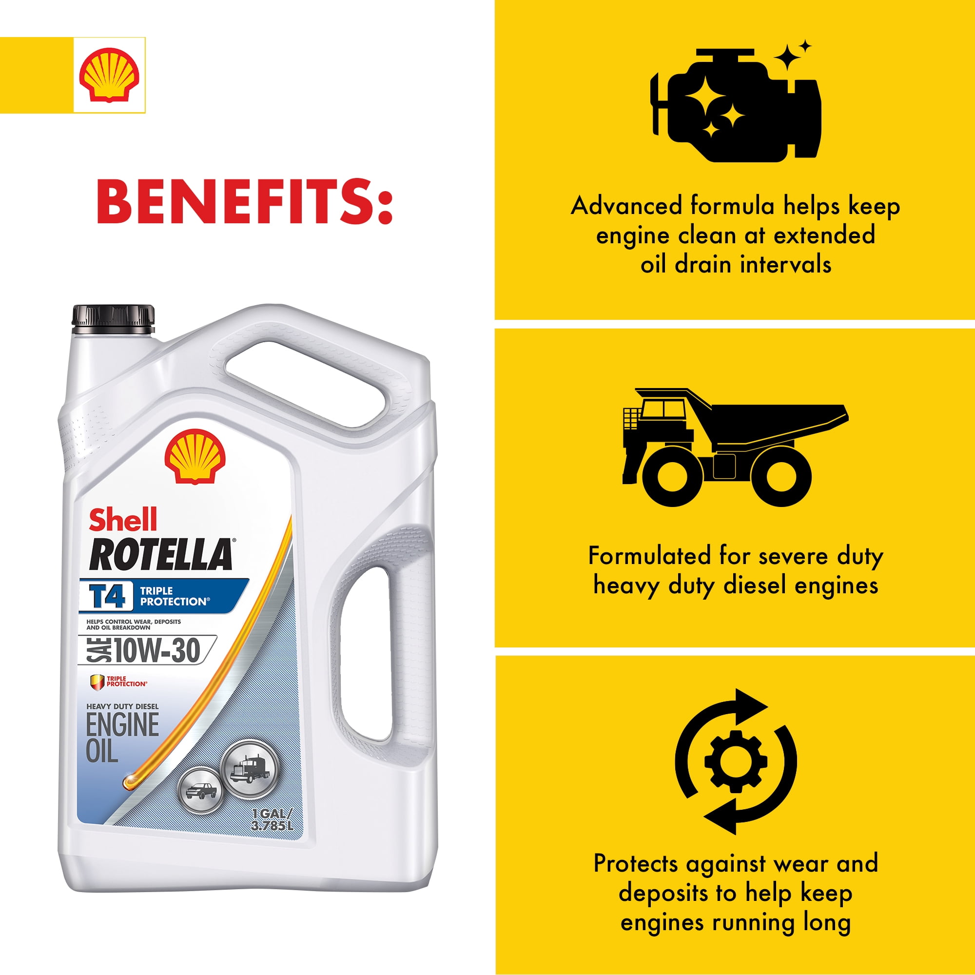 Shell Rotella T4 Triple Protection 10W-30 Diesel Motor Oil, 1 Gallon - 1