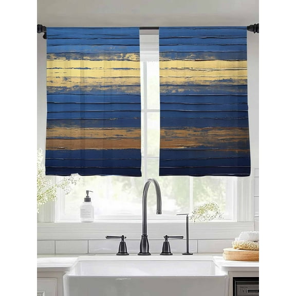 Navy Blue Yellow Sheer Curtains for Living Room Bedroom Modern Abstract Striped Art Sheer Curtains 54 Inch Long 2 Panels Set Light Filtering Curtain Window Treatments Drapes for Dining Room