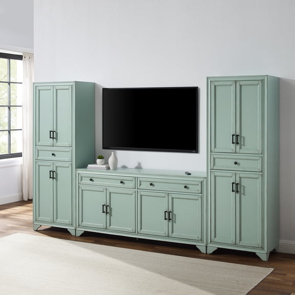 Crosley Furniture Tara 3-Piece Entertainment Center in Distressed Seafoam Blue