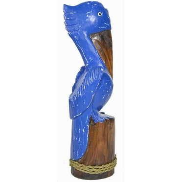 14" Blue Hand Carved Nautical Wood Pelican Statue Carving Sculpture Art