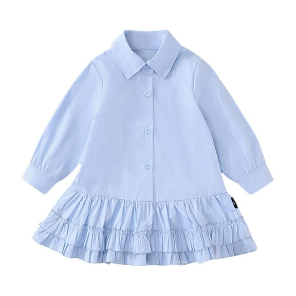 Girls' Dresses Spring Summer Blue Pleated Lace Dress In Children Casual Style Lapel Shirt Dress Princess Dress Size 18 M-24 M